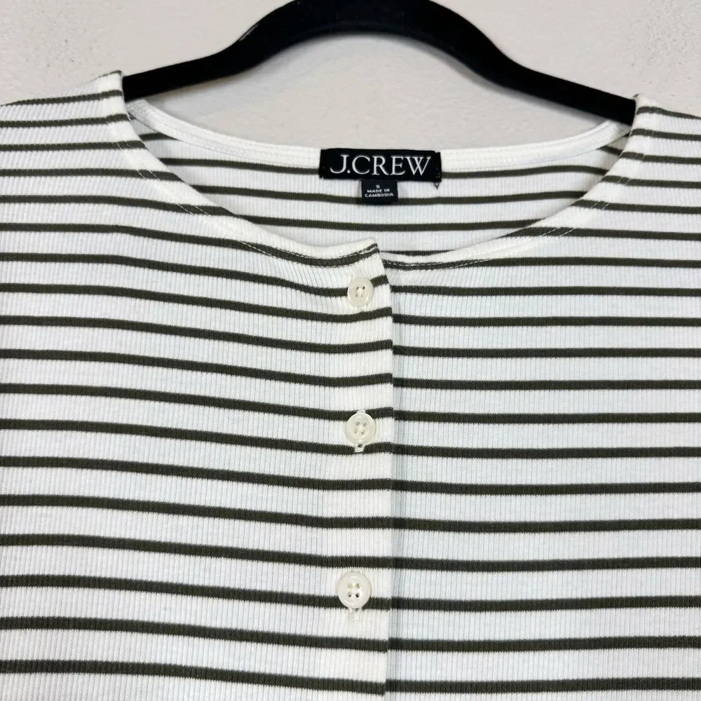 J. Crew Fine Rib Knit Cardigan Sweater Alexa Stripe Ivory Olive Button Up Small